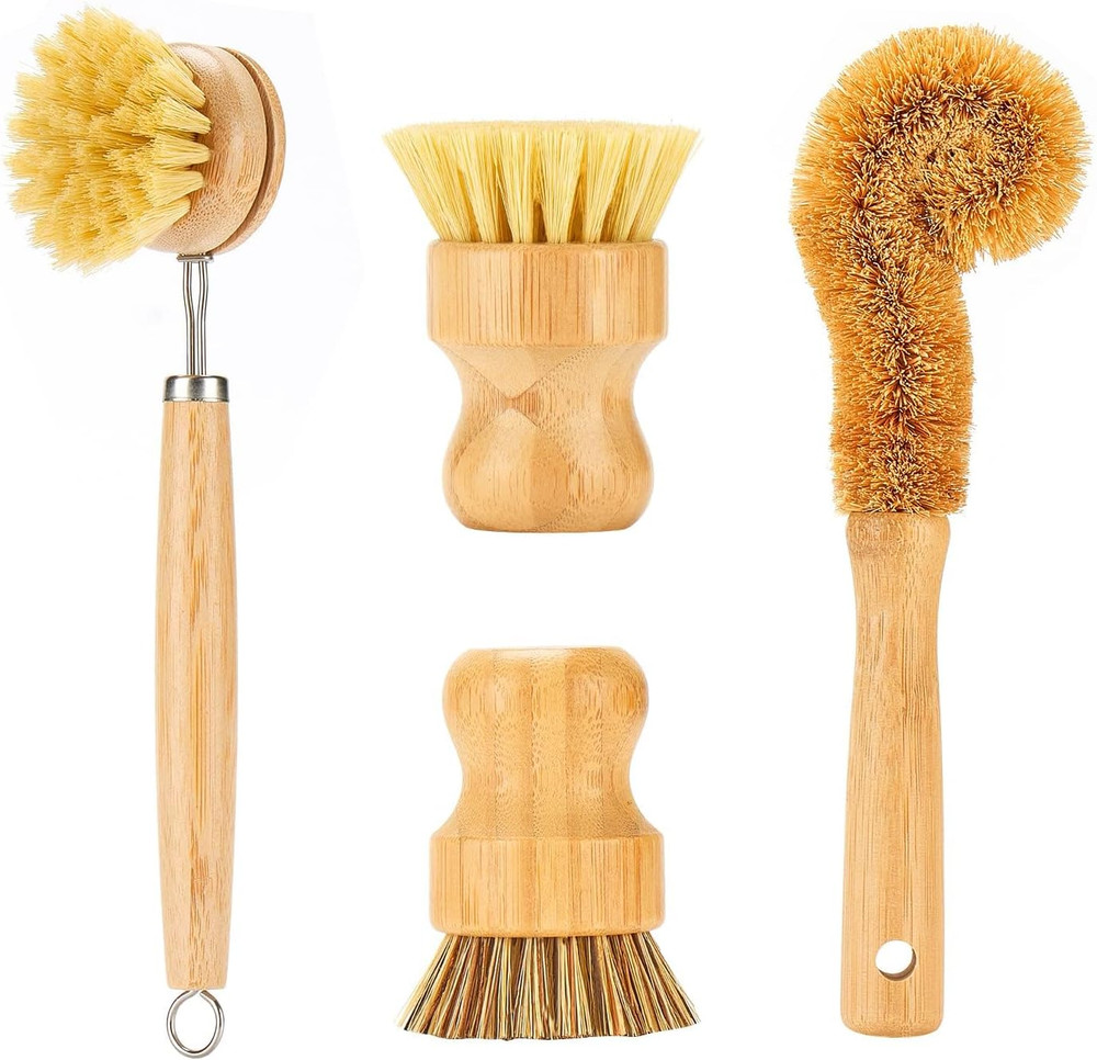 4Pcs Bamboo Dish Brush Set,Palm Wooden Dish Scrubber Brush for Pots Pans Bottle