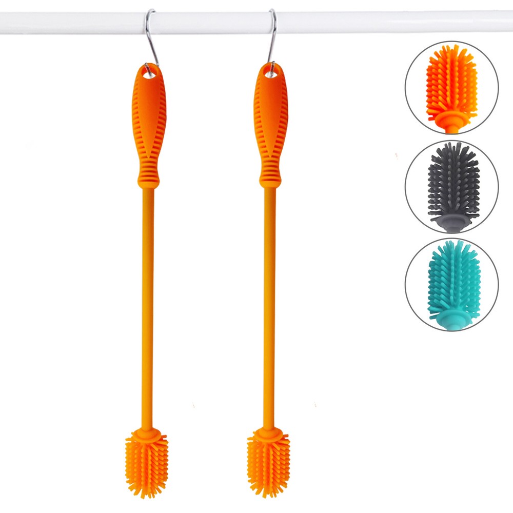 2 Pack Silicone Bottle Brush Cleaner Lab Cleaning Brush for Glass Bottles Orange