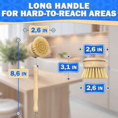 5 Pcs Bamboo Dish Brush Set – Bamboo Dish Scrubber with Soft & Stiff Non-Scratch