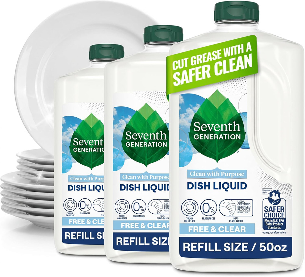 Seventh Generation Dish Soap Refill, Free & Clear, 50 Fl Oz, 3 Pack, Plant-Based