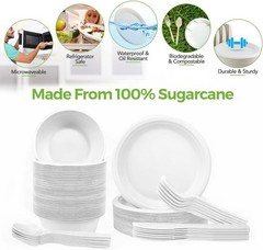 250 PCS Compostable Paper Plates and Utensils Set (EXTRA LONG), White Microwav
