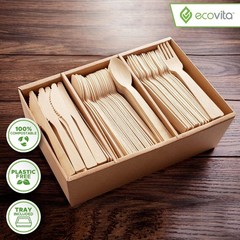 100% Bamboo Forks Spoons Knives Cutlery Combo Set – 380 Large Compostable Disp
