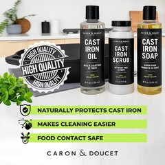 CARON & DOUCET Ultimate Cast Iron Set Seasoning Oil, Cleaning Soap & Restori…