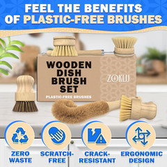 5 Pcs Bamboo Dish Brush Set – Bamboo Dish Scrubber with Soft & Stiff Non-Scratch