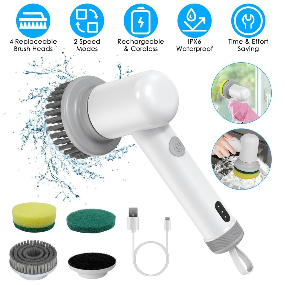 Electric Spin Scrubber Cordless Cleaning Brush 4 Heads Rechargeable IPX6 Kit