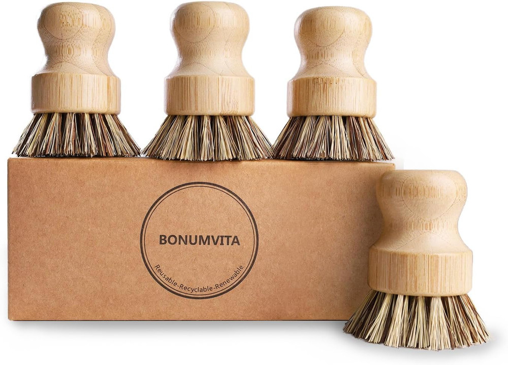 Bamboo Dish Brush Set,4 Pack Kitchen Palm Pot Brush with Union Fiber, Natural Ba