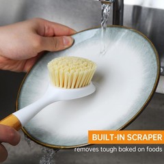 3 Pack Dish Brush Set with Bamboo Handle, Dish Scrubber Built-in Scraper, Kit…
