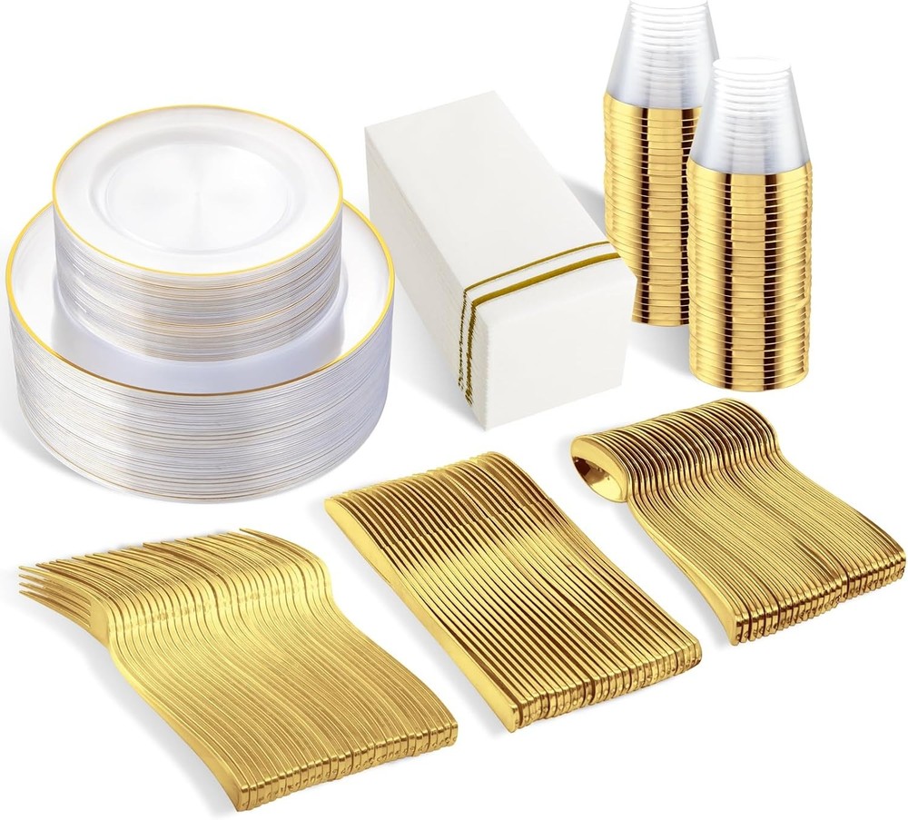 SUT 350Pcs Plastic Dinnerware Set for 50 Guests, Clear and Gold Plastic Plates