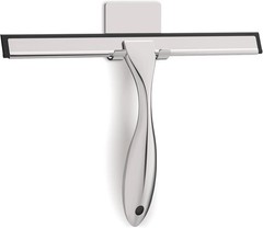 All-purpose Stainless Steel Shower Squeegee for Glass Doors with Adhesive Hooks.