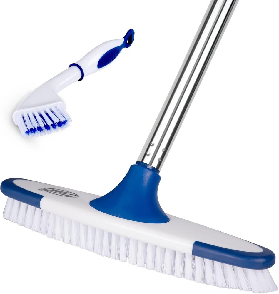 Floor Scrub Brush with Long Handle – 53″ Deck & Grout Cleaner Brush Set for Tile