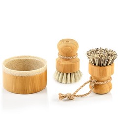 SUBEKYU Bamboo Dish Brush Set with Soap Holder, Wooden Dish Scrubber with Soa…