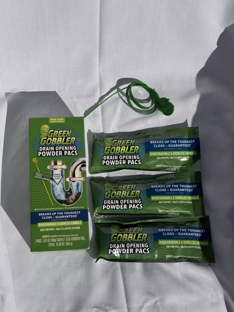 Green Gobbler Drain Clog Remover Powder 3 Packs & 3 Snakes Lime Scented Cleaner