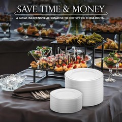 Dinner and Dessert Plates Set Disposable – 200 Pieces (10″ + 7″) Elegant White