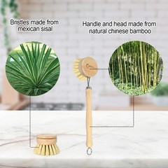 Bamboo Dish Brush with Handle – Soft Bristle, Non Toxic Vegetable Brush Scrub…