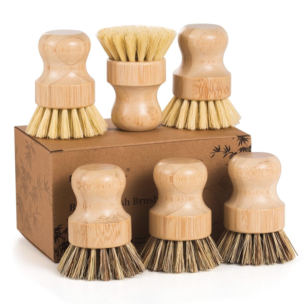6 Pack Bamboo Dish Brush Set with Palm and Sisal Bristles, Natural Dish Scrub…
