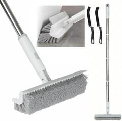 Floor Scrub Brush with Long Handle, 2 in 1 V-Shape Grout Brush with Squeegee + 2