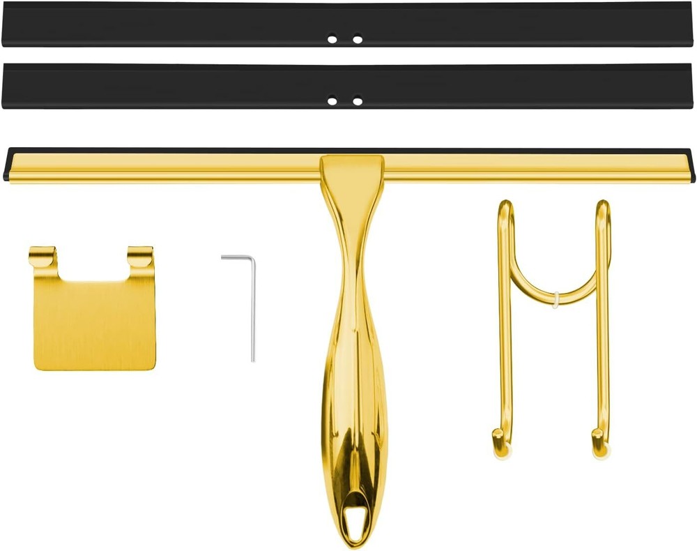 TOOVEM 12 Inch Shower Squeegee Cleaning Tools with S & Square Sticky Hook Gold