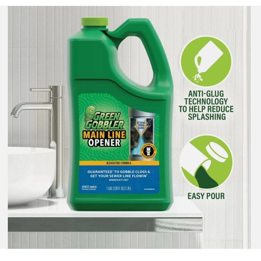 Green Gobbler Main Line & Sewer Clog Remover Drain Cleaner Hair Clog 64 oz