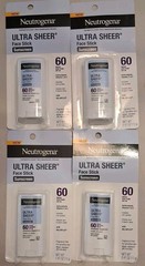 4 Count Neutrogena SPF 60 Ultra Sheer Face Sunscreen Stick Invisible Non-Greasy