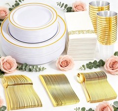 350 Pieces White and Gold Plastic Plates – 50 Guest Dinnerware Set Include 100