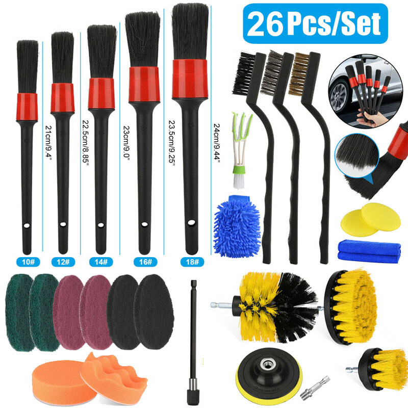 26pcs/Set Car Drill Brush Wash Auto Detailing Cleaning Engine Wheel Perfect Gift