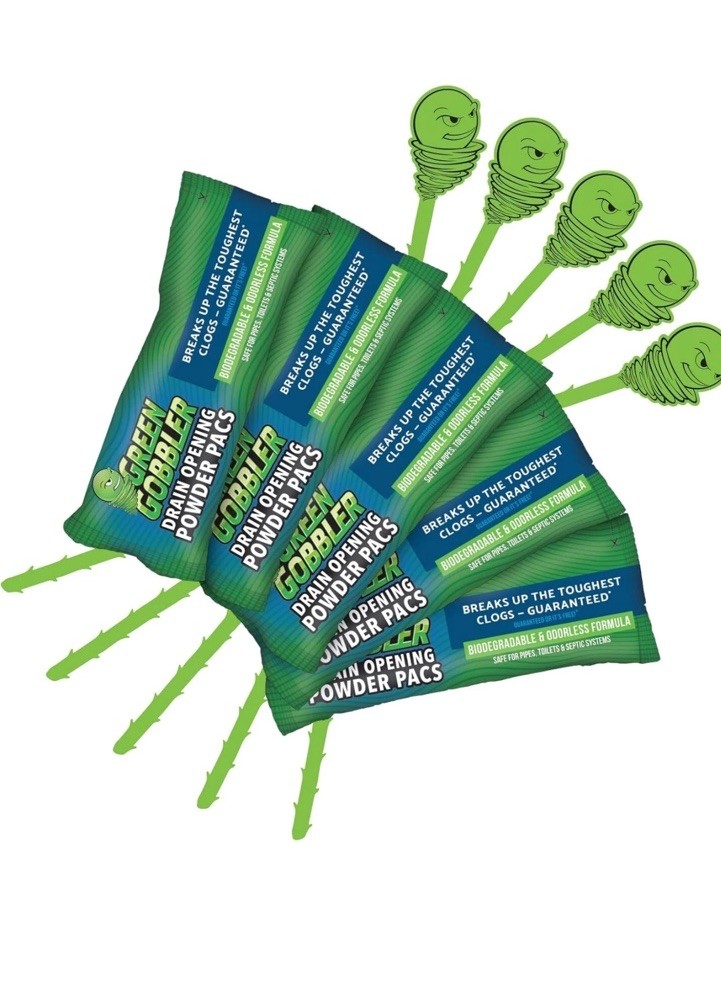Green Gobbler Drain Clog Remover & Drain Cleaner Powder (5 Pacs & 5 Tools)