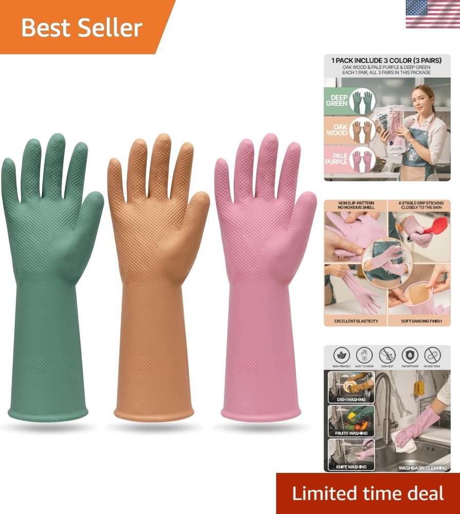 3 Pairs Colorful Reusable Waterproof Household Dishwashing Cleaning Rubber Gl…