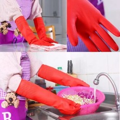 Lot of 2 Pairs Red Rubber Gloves For Household Cleaning Dishwashing Size L