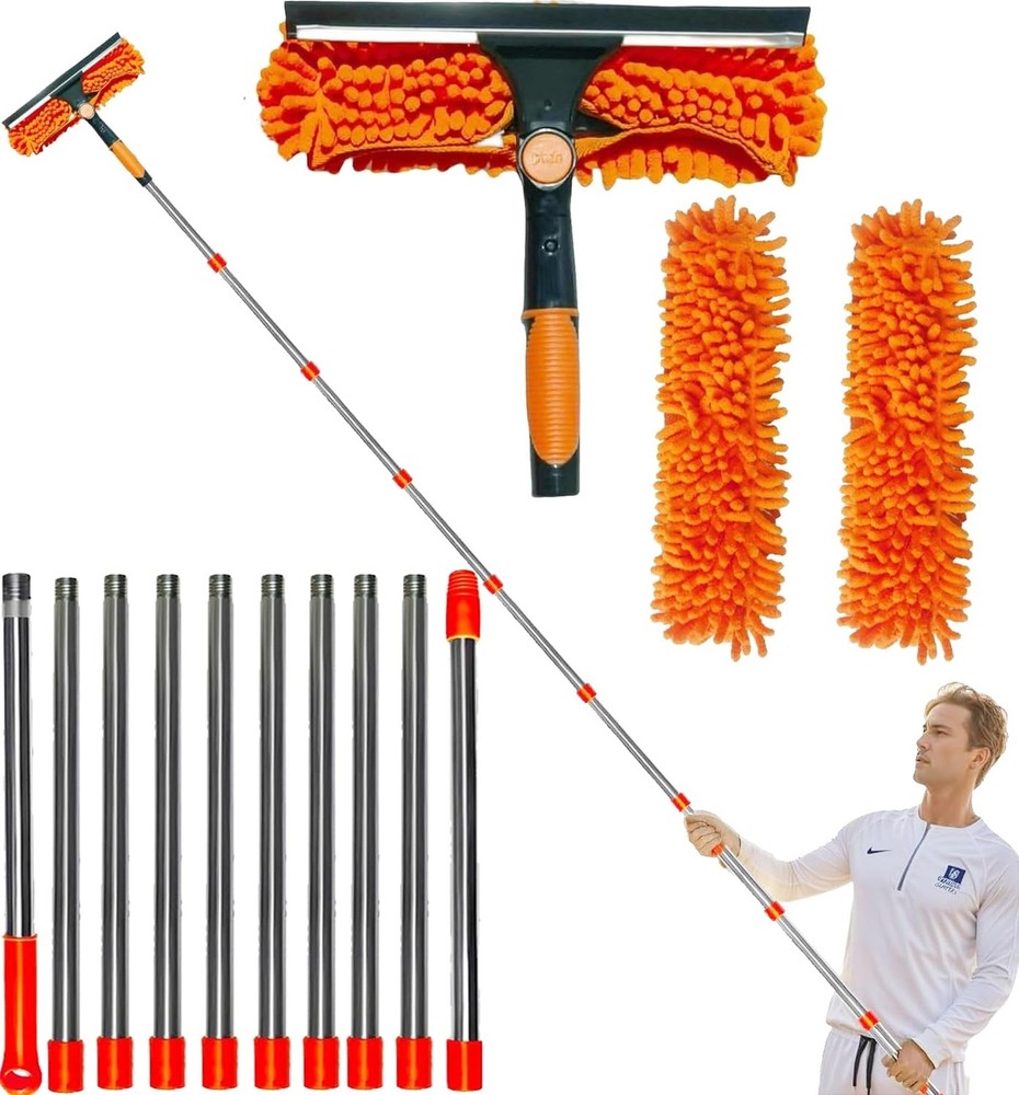 20+ Feet Reach 2 in 1 Window Washing Squeegee & Duster with 3-14 ft Spliceabl…