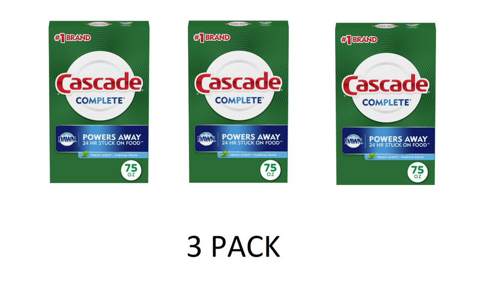 3 PACK Cascade Complete Powder Dishwasher Detergent, Fresh Scent 75 oz White