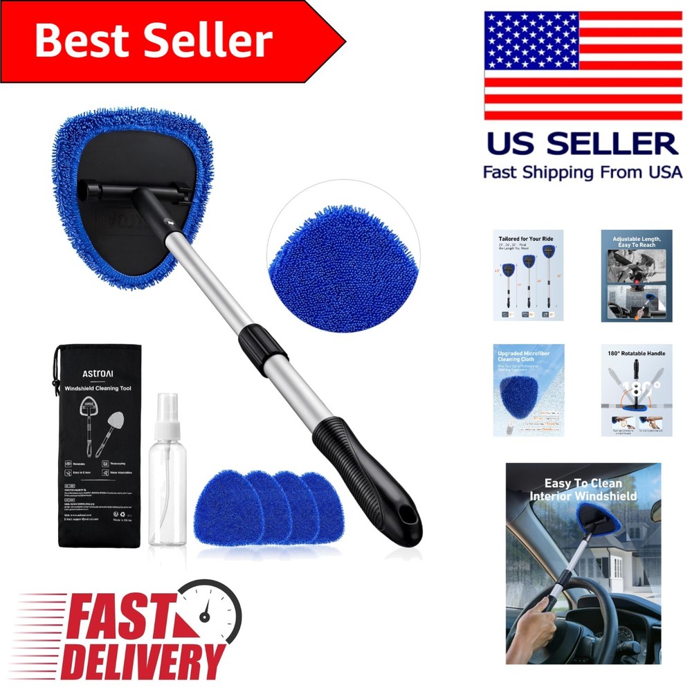 21″ Extra-Long Windshield Cleaner Tool with 4 Microfiber Pads for Streak-Free…