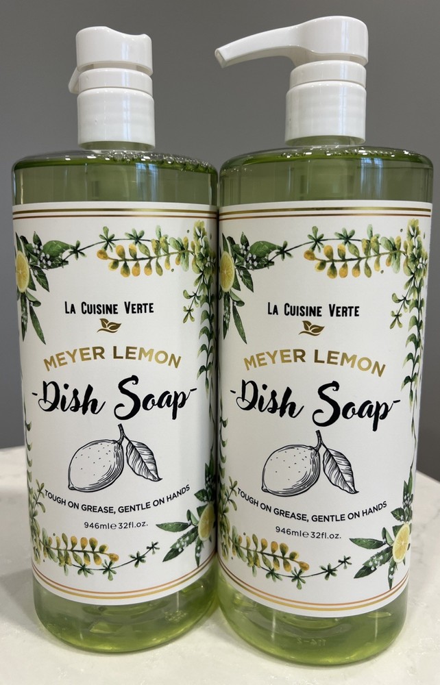 2 Bottles Meyer Lemon Dish Soap ~ Tough on Grease, Gentle on Hands 32 fl oz Each