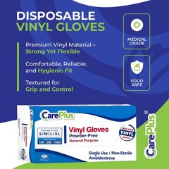 CARE PLUS Vinyl Gloves Clear Large Size 200 Count | Heavy Large,