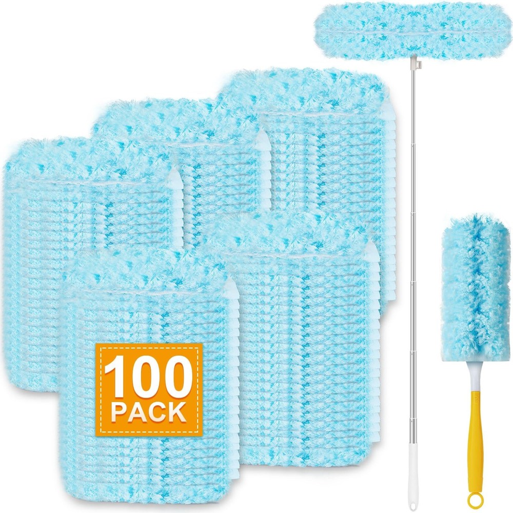 100Pcs Duster Refills with 4FT Extended Handle, 360° Heavy Duty Cleaning Kit