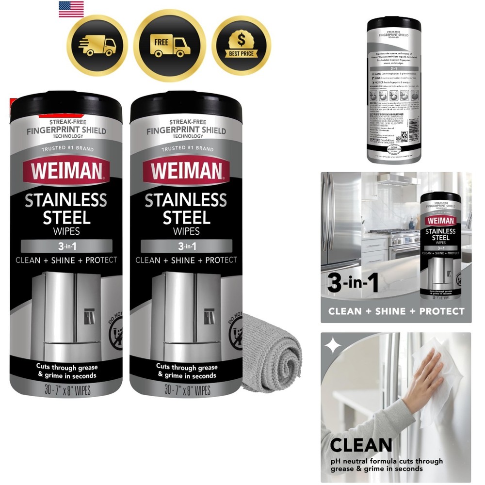 Stainless Steel Cleaner & Polish Kit, 2 Wipes & Cloth, Anti-Fingerprint, Remo…