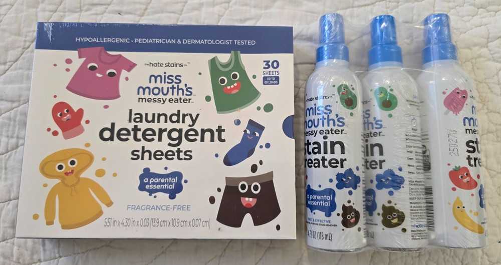 NEW Miss Mouth’s Messy Eater Stain Treater 3 Pack & Laundry Detergent 30 Sheets
