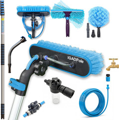 pole 28 FT Water-Fed Washing Kit with Soap-Dispenser, Brush, 10″ Squeegee & Cobw