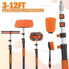 12FT Car Wash Brush Kit Long Handle, Soft Bristles, Mop, Squeegee & Mitt