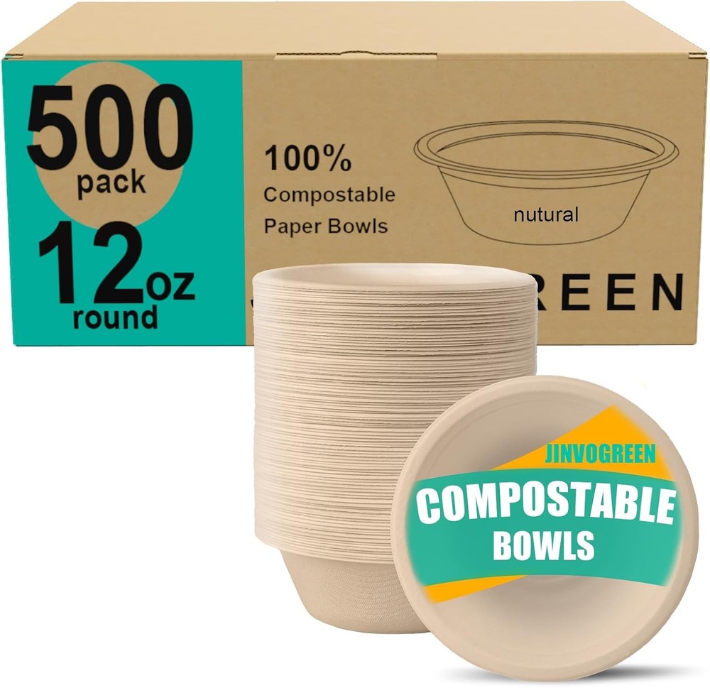 JINVOGREEN 500 Count 12 oz Paper Bowls, Disposable Compostable Bowls Bulk, Hea