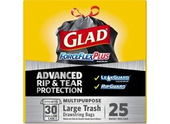 GLAD 70359 Trash Bags ForceFlex Plus 30 gal Drawstring 25 pk 0.9 mil Black
