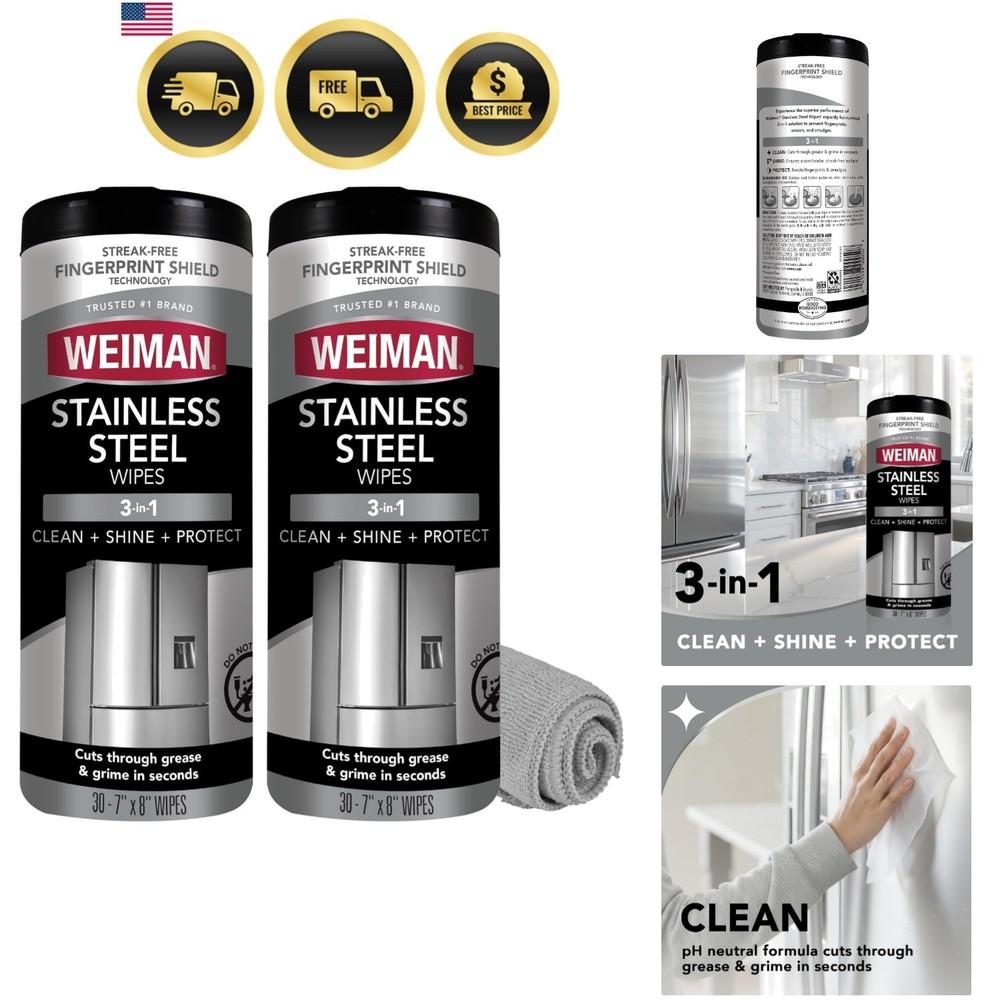 Stainless Steel Cleaner & Polish Kit, 2 Wipes & Cloth, Anti-Fingerprint, Remo…
