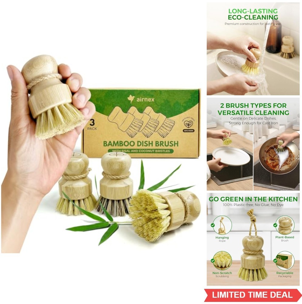 Bamboo Dish Brush Set of 3 Natural Wooden Scrubber Sisal Coconut Bristles