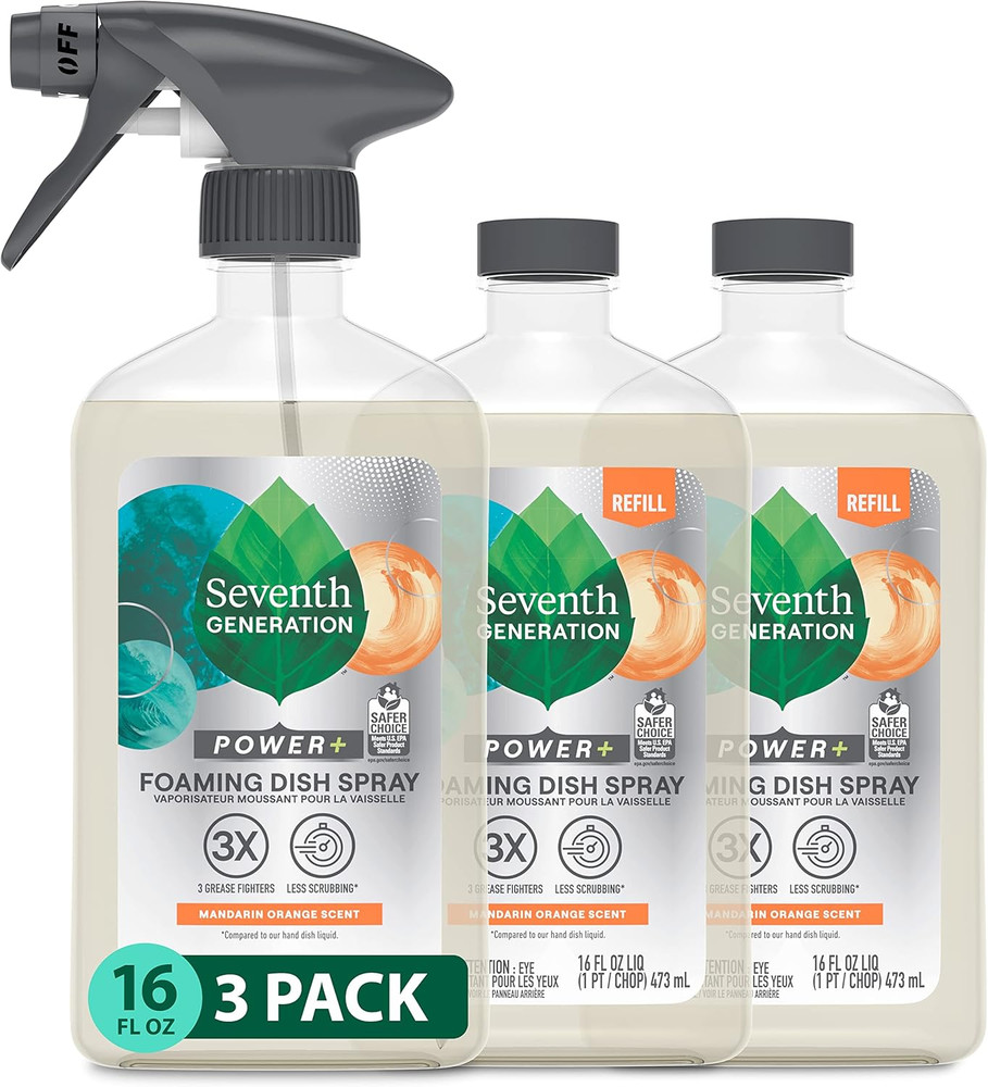 Seventh Generation Foaming Dish Spray 16oz 3 Refills + 1 Sprayhead 4pc Kit