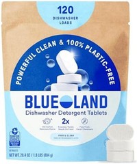 BLUELAND 100% Plastic-Free Dishwasher Detergent Tablets, 120 Count, Free & Cl…