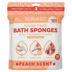 SCRUBZZ 105 Rinse Free Bath Sponges Disposable No Rinse Shower Wipes PEACH SCENT