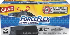 GLAD 70359 Trash Bags ForceFlex Plus 30 gal Drawstring 25 pk 0.9 mil Black