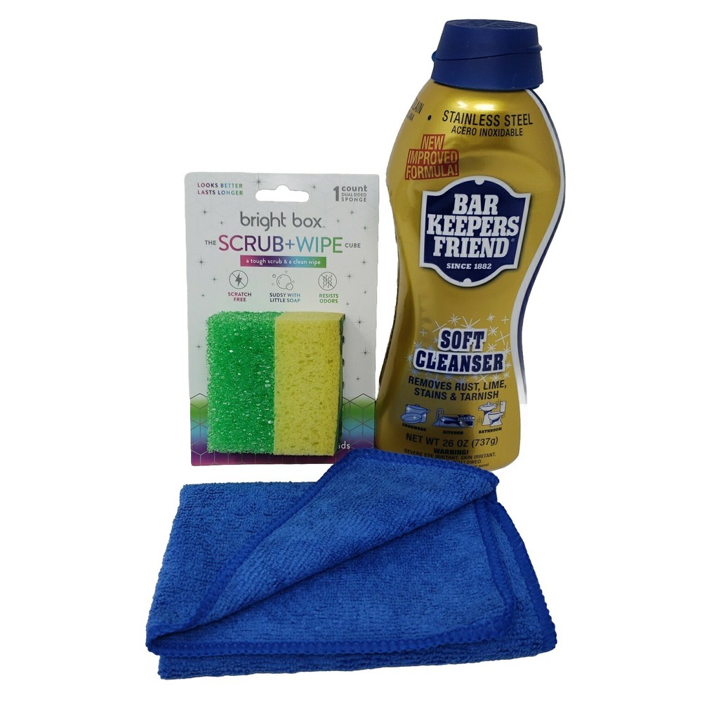 Bar Keepers Friend Soft Cleanser 26oz Bright Box Scrub Sponge & Microfiber Cloth
