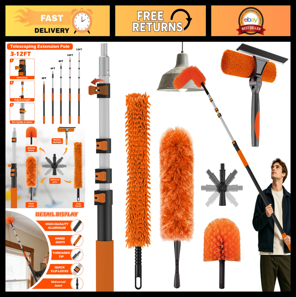 16FT High Ceiling Duster Kit – Adjustable Pole, Extra Long Duster, Cobweb & Sque