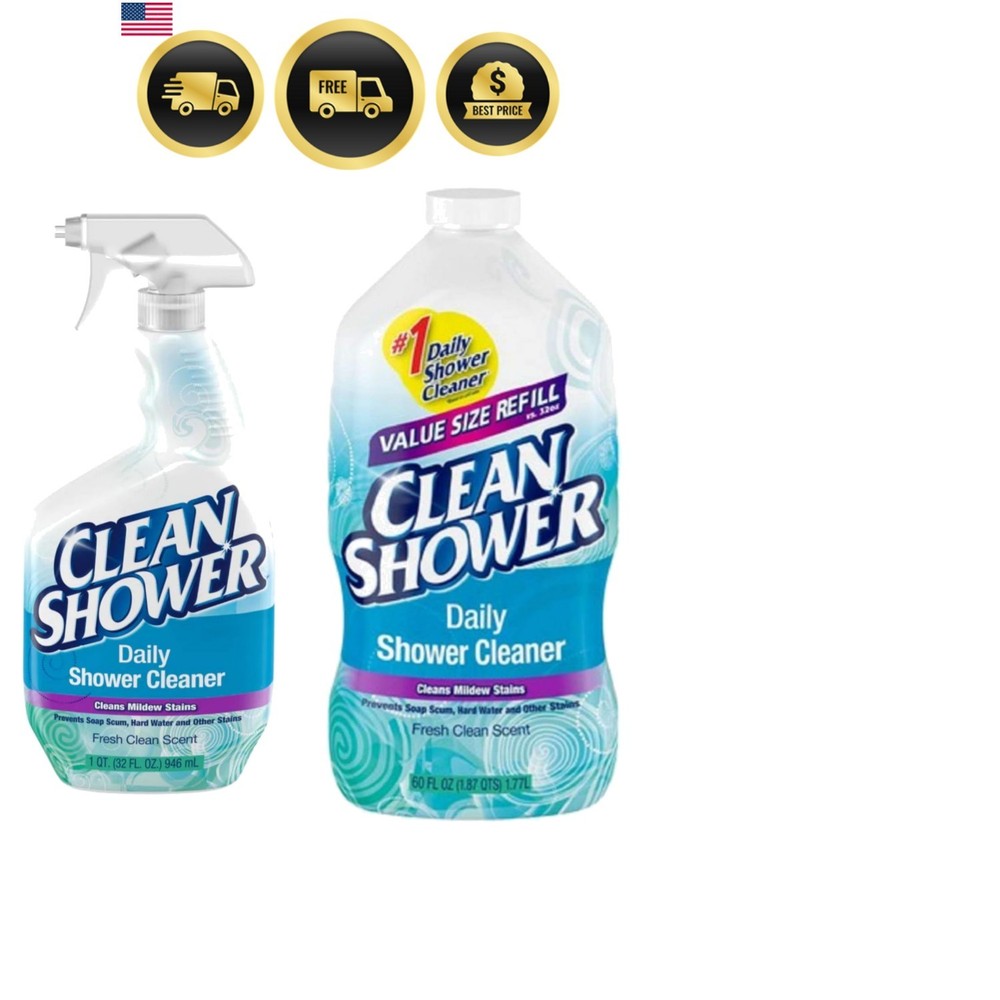 Daily Shower Cleaner – No Scrub Bundle Pack [32oz. Spray Bottle & 60oz. Refil…