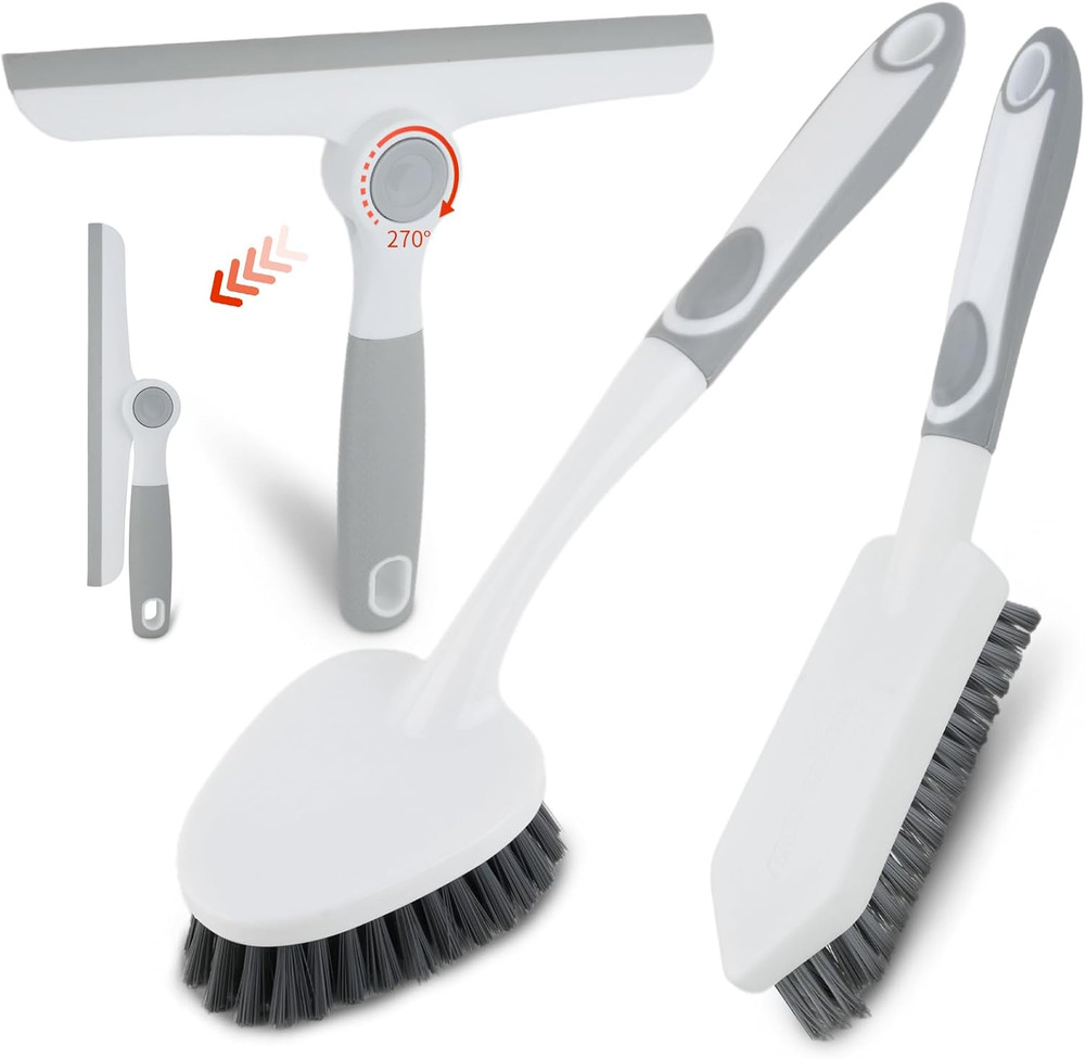 3 Pack Shower Cleaning Brush Set with Grout Cleaning Brush and Squeegee | Stiff